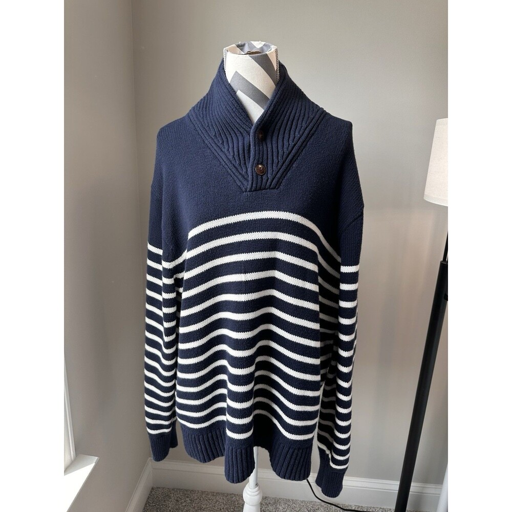 J.Crew Shawl Collar Striped Cotton Knit Fisherman Sweater 2XL Navy Blue Nautical